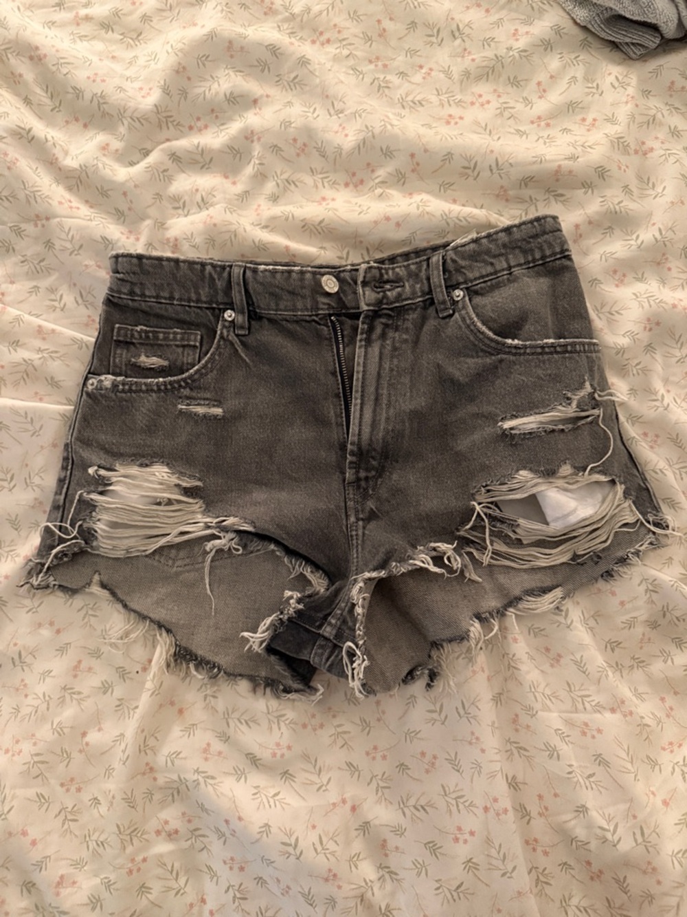 Zara Distressed Black/Charcoal High-Rise Jean Shorts